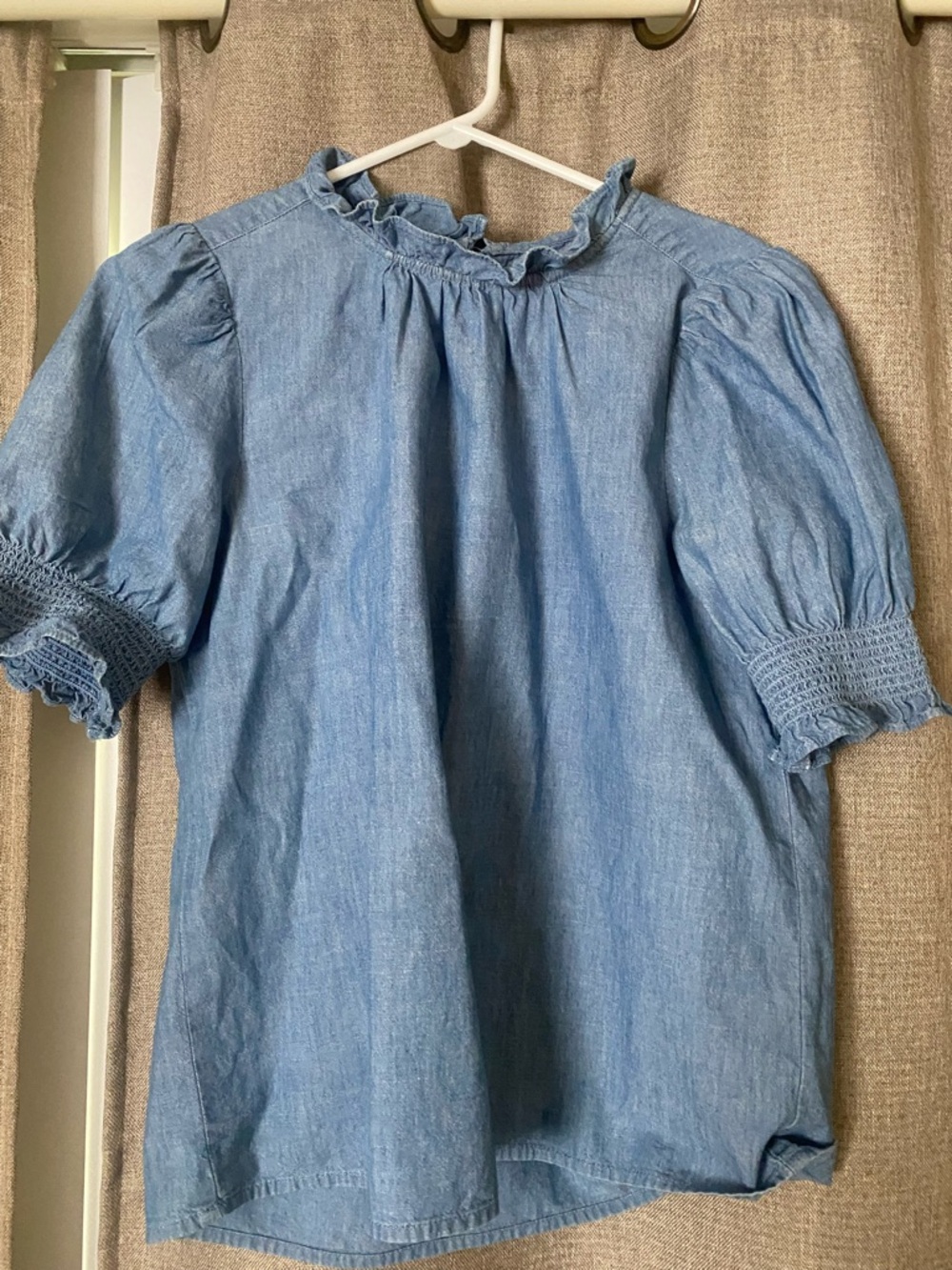 J.Crew Light Blue Chambray Ruffle Neck Puff Sleeve Top